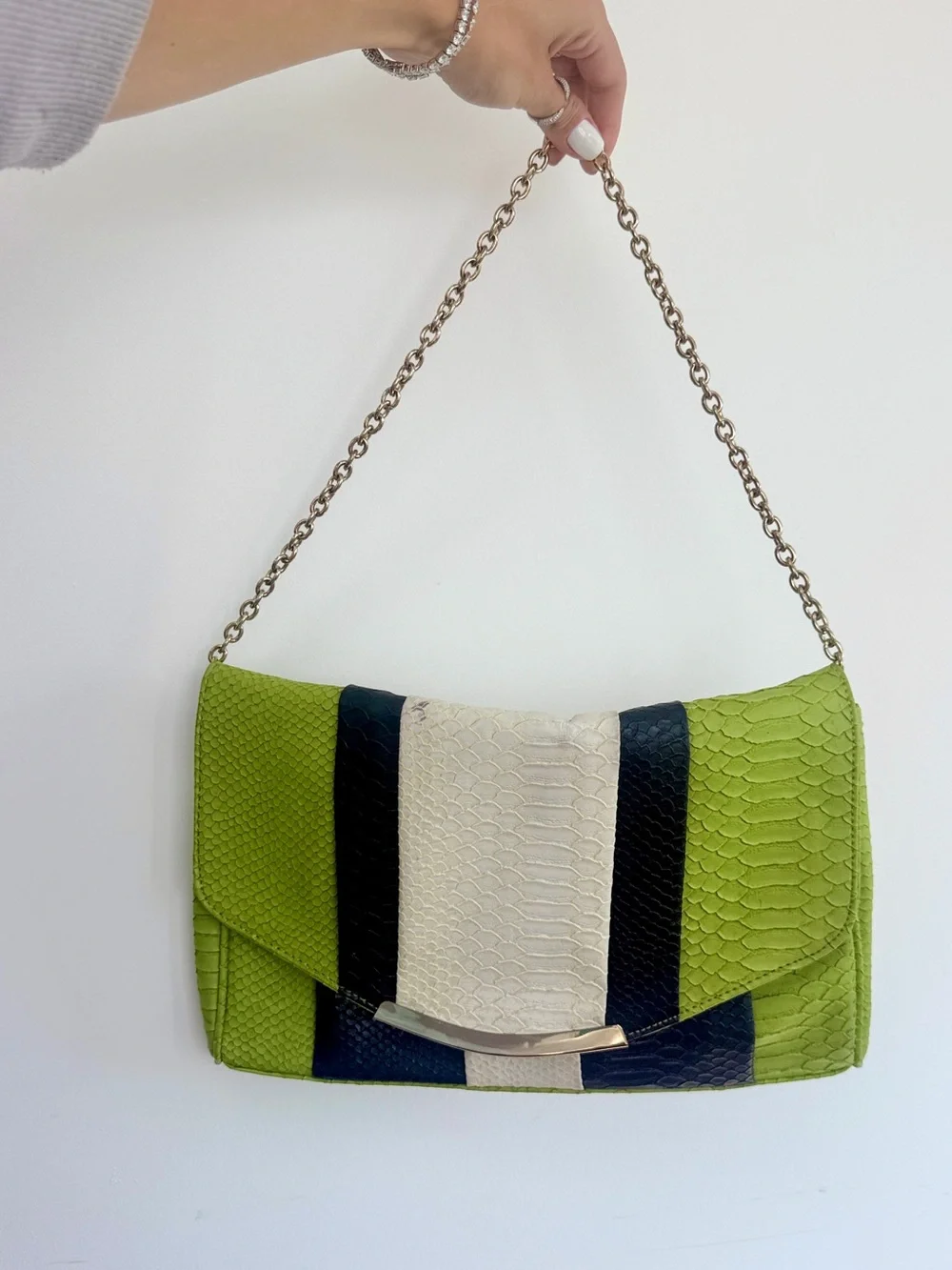 VINTAGE STRIPED SNAKE SKIN PYTHON Green color block contrast Shoulder Bag